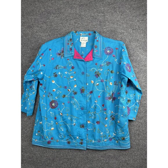 Quacker Factory Jacket Womens Large Embroidered Floral Butterfly Button Up Top - Picture 1 of 8